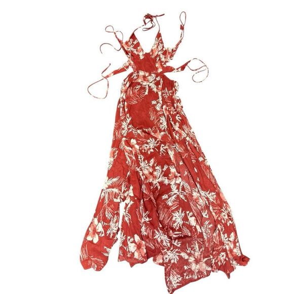 Free People Lille Halter Maxi Dress Raspberry Red Floral Cutout Sz S Cotton - Picture 7 of 15